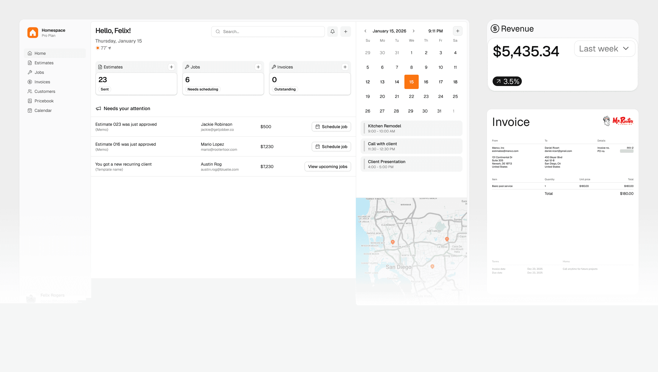 Homespace dashboard showing estimates, jobs, invoices, calendar, and revenue tracking