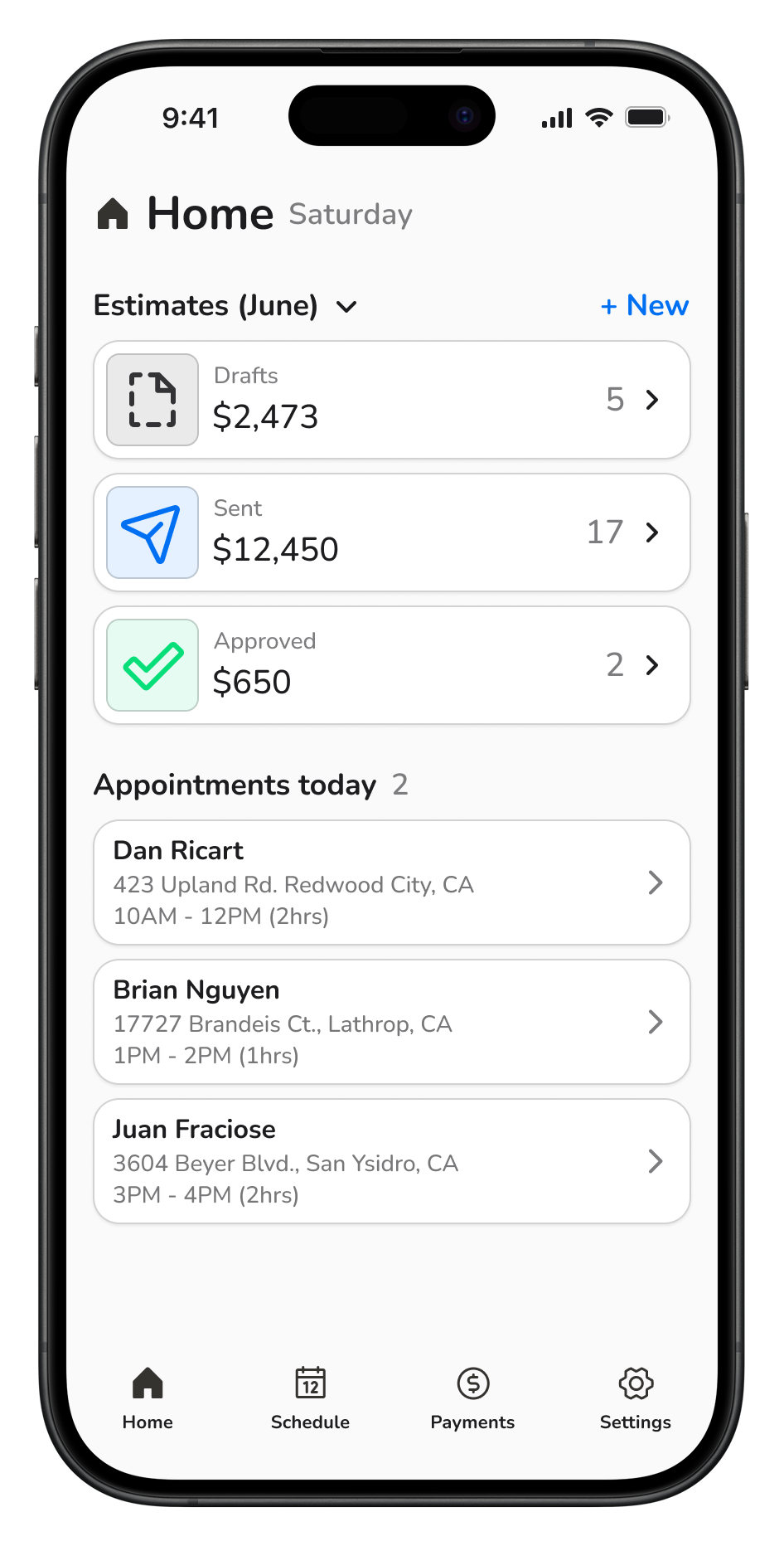 Homespace app interface showing job management